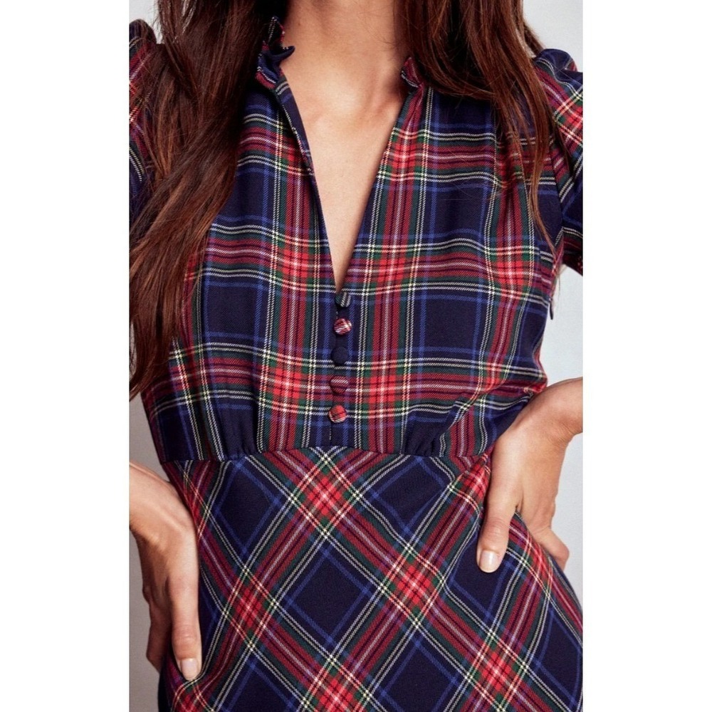 Boden Navy Red Tartan Plaid Ruffle V-Neck Midi Dress Long Sleeve Size 12R - Picture 4 of 12
